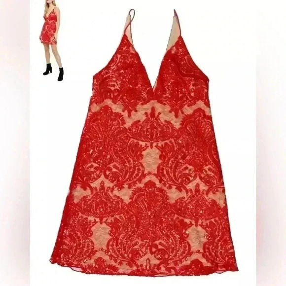 Free People Night Shimmers Lace Sequined Sleeveless V-Neck Mini Dress Size 8 - Picture 1 of 8